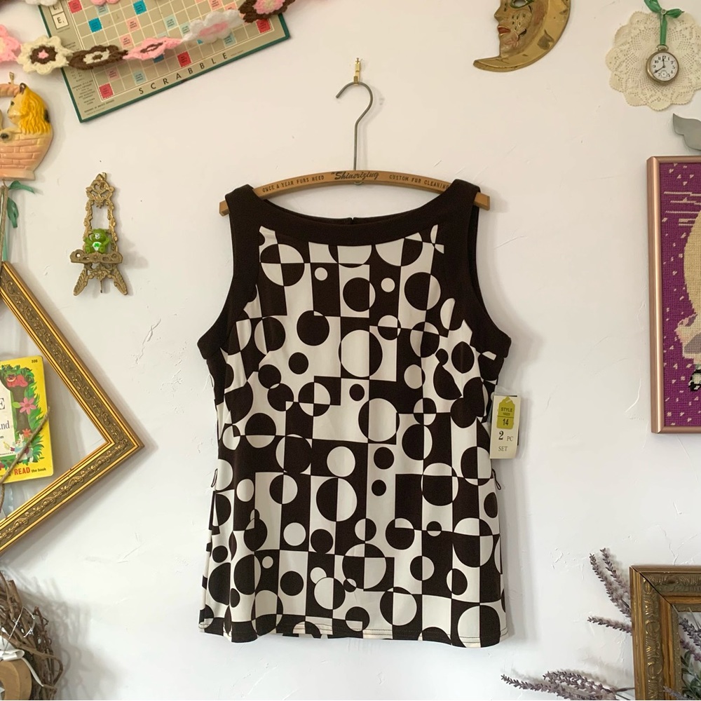 Y2K White & Brown Tunic Tank Top 60s Style Groovy Geometric Print Size 14 NWT